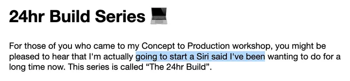 A 24hr Build Series newsletter draft containing a dictation typo