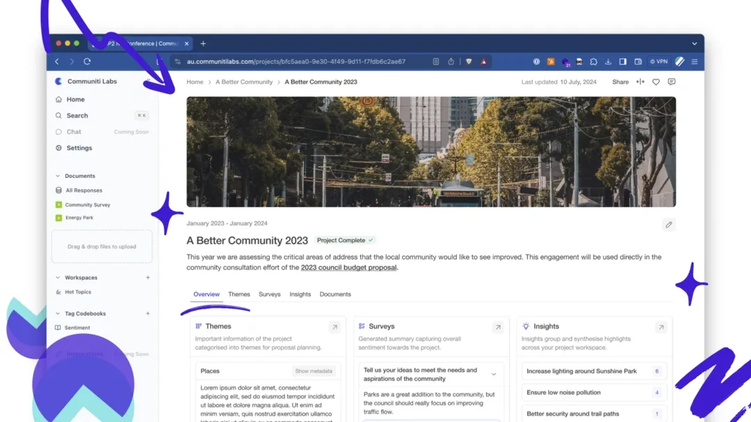 A co-designed Communiti Analysis workspace showing project context, questions, themes, source documents, and a community report.