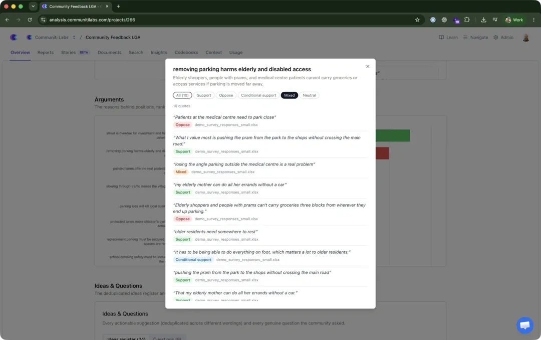 A Communiti Analysis argument detail view connecting an identified argument to individual verbatim quotes, positions, and source files.