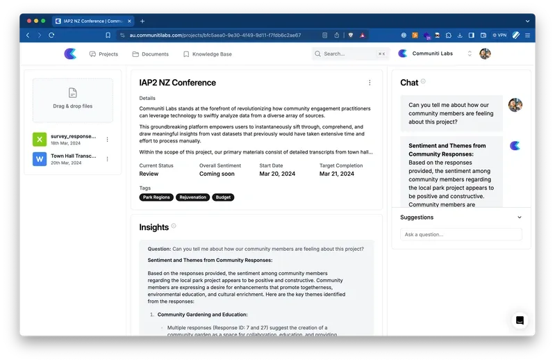 The first Communiti Analysis prototype showing uploaded files, project details, generated insights, and a chat panel.