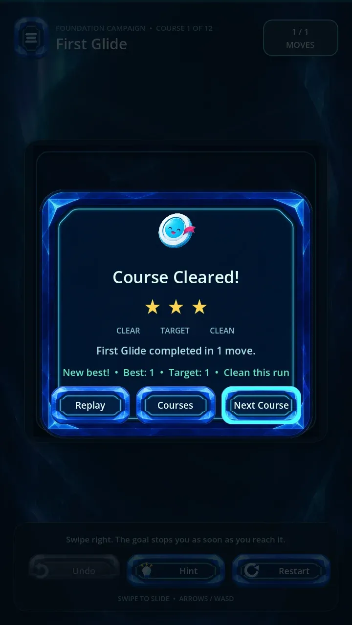 Slipspire's completion panel awarding clear, target, and clean medals after First Glide is completed in one move.