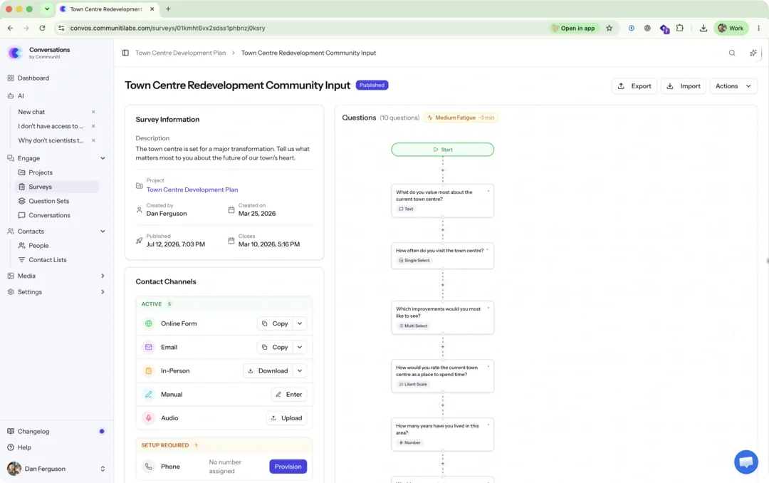 Communiti Conversations content sources showing web, email, in-person, voicemail, audio, and upload channels in one project.