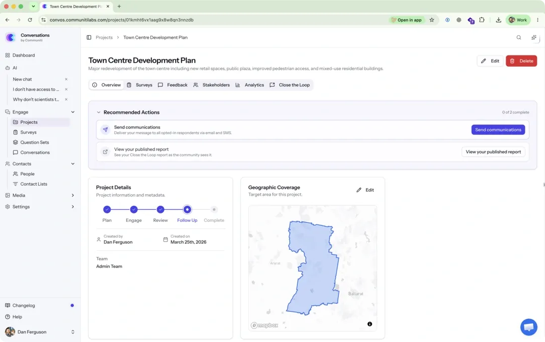 A Communiti Conversations project workspace showing recommended actions, a project timeline, project details, and geographic coverage.