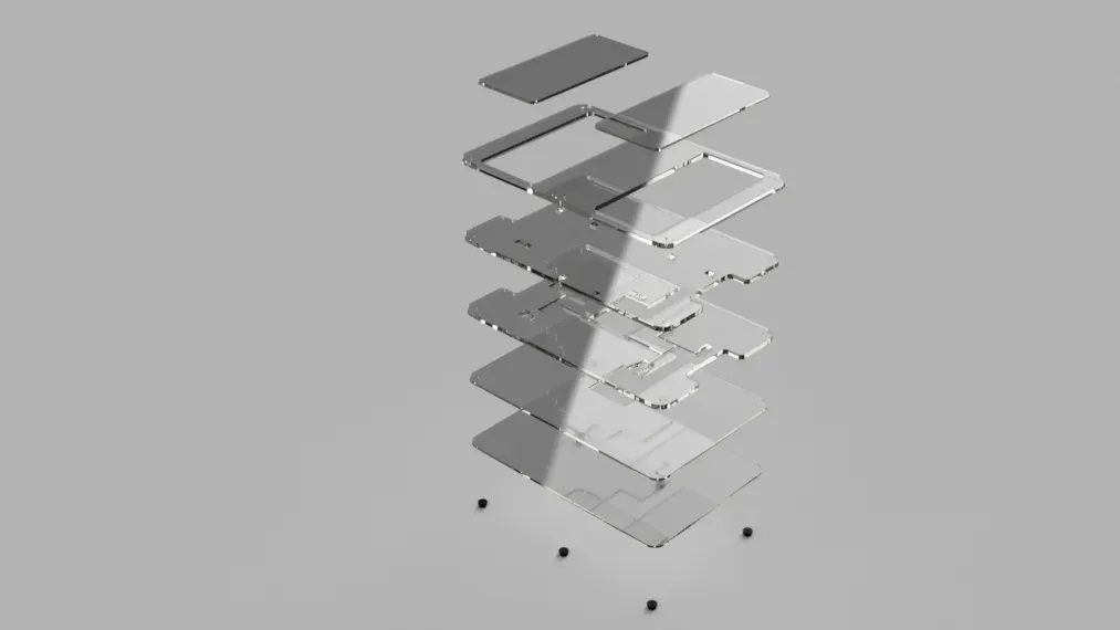 Exploded Fusion 360 rendering of the Balance Board's stacked acrylic footplates, sensor layers, electronics cavity, base, and fasteners.