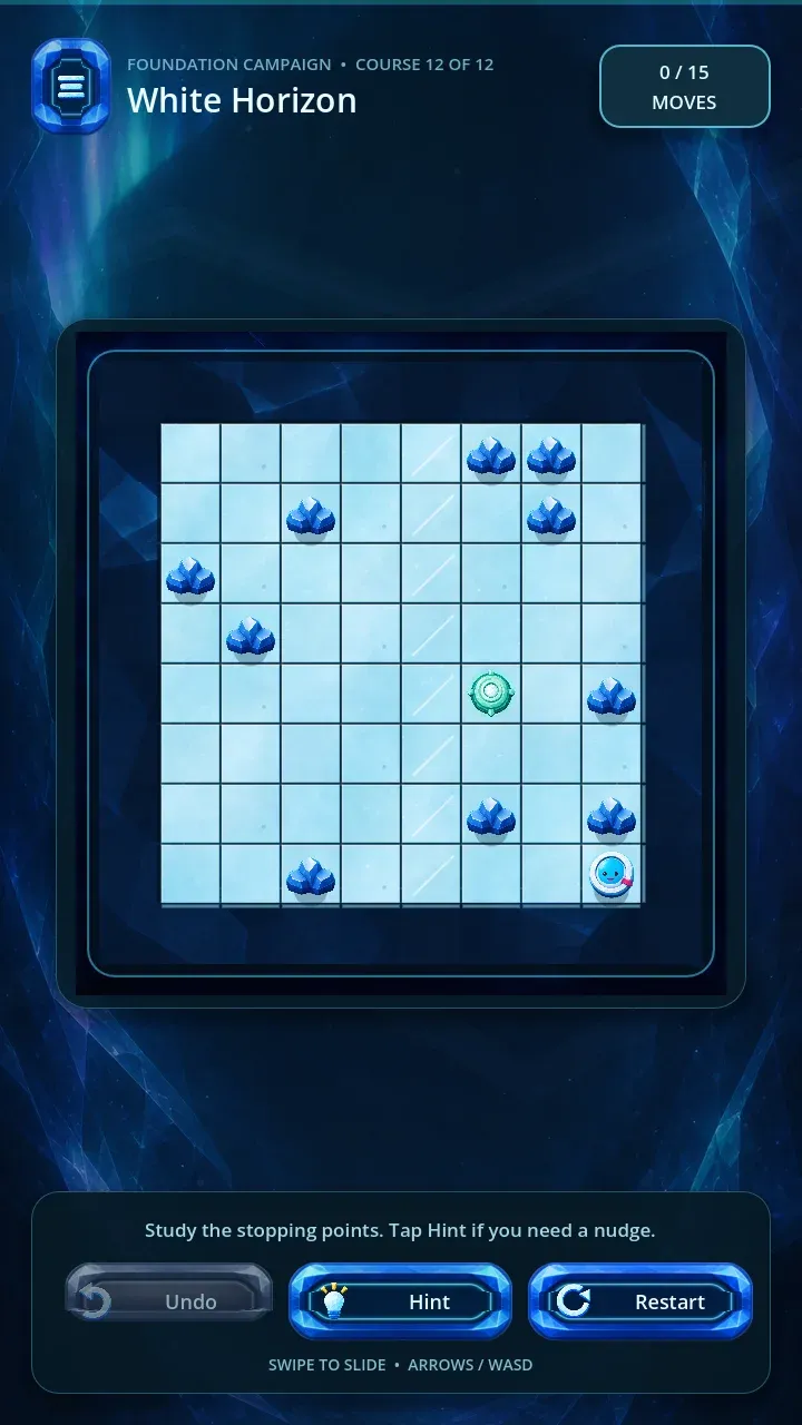 Slipspire's first course previewing a rightward route, sliding the mascot across the ice, and displaying the three-medal completion panel.