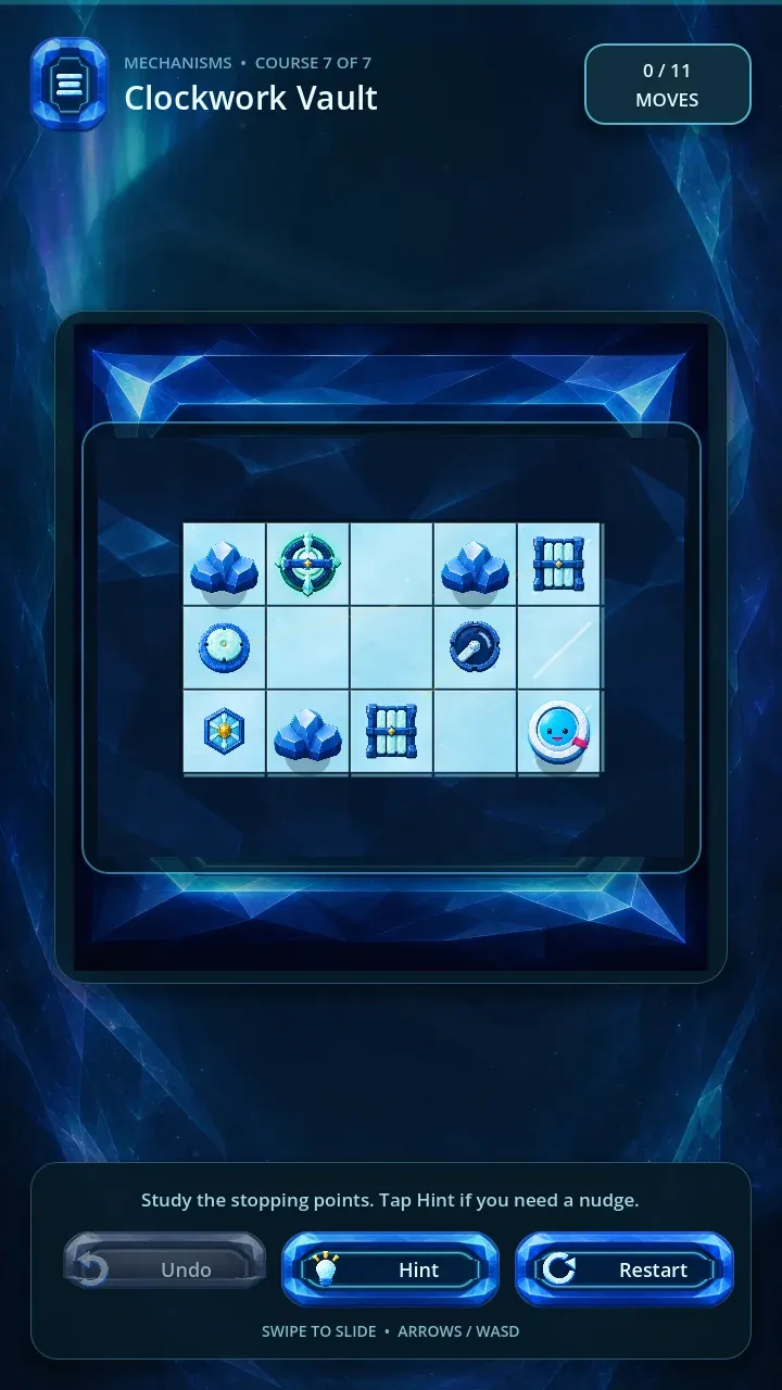 Slipspire developer-preview course Clockwork Vault showing switches, linked gates, a rune, crystals, the mascot, and a sealed goal.