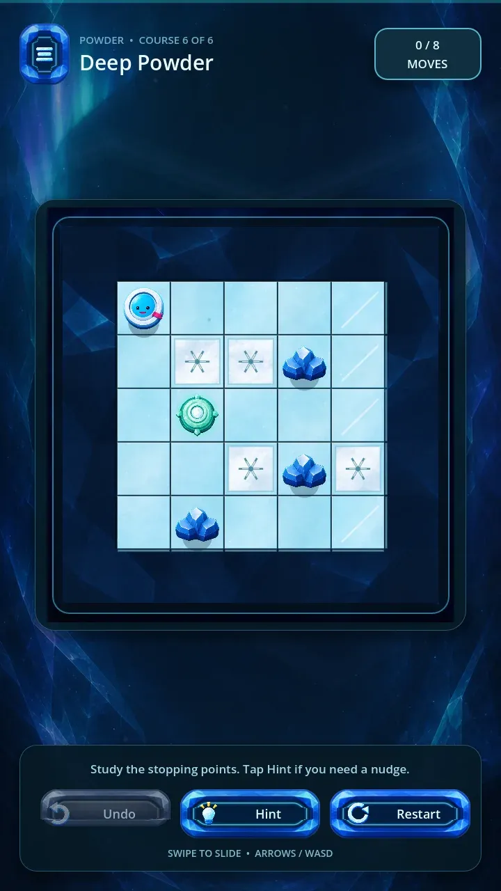 Slipspire developer-preview course Deep Powder showing pale stopping tiles, crystals, the mascot, and the goal on a compact board.