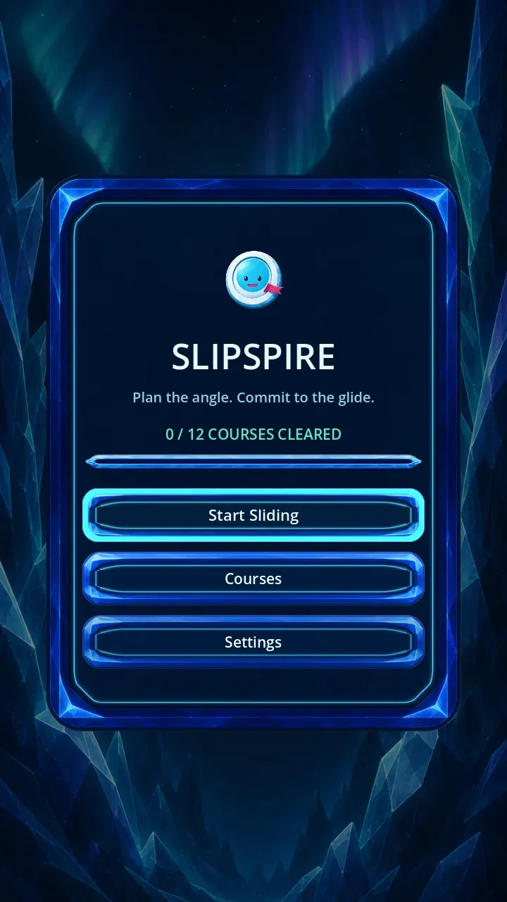 Slipspire's current home screen with its round scarf-wearing mascot, Foundation Campaign progress, and Start Sliding, Courses, and Settings actions.