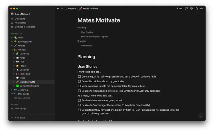 Mates Motivate user stories and planning notes in Notion