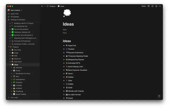 Ideas organised in a Notion workspace
