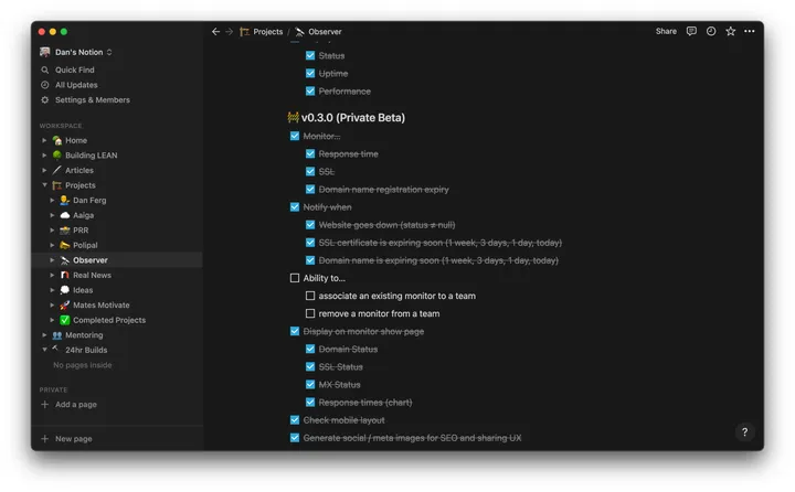 Observer public beta roadmap in Notion