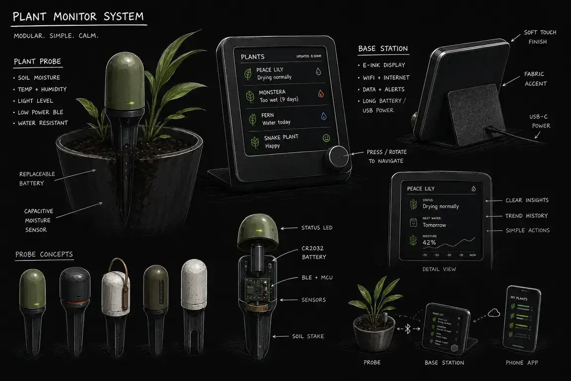 Concept sheet showing a soil probe, e-ink base station, phone app, probe variants and internal sensor components for the plant-monitoring system