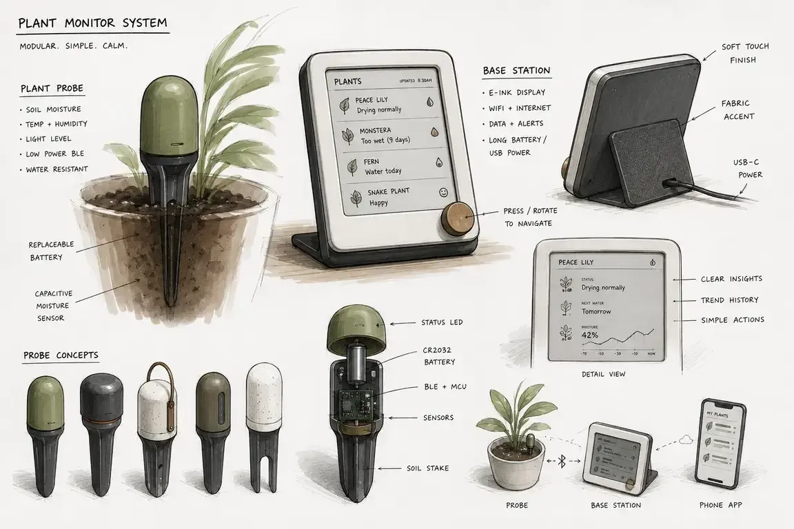 Concept sheet showing a soil probe, e-ink base station, phone app, probe variants and internal sensor components for the plant-monitoring system