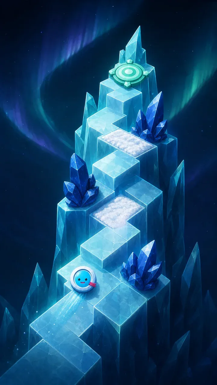 Slipspire Powder chapter concept art showing the small round mascot gliding upward through a tall crystalline frozen spire.