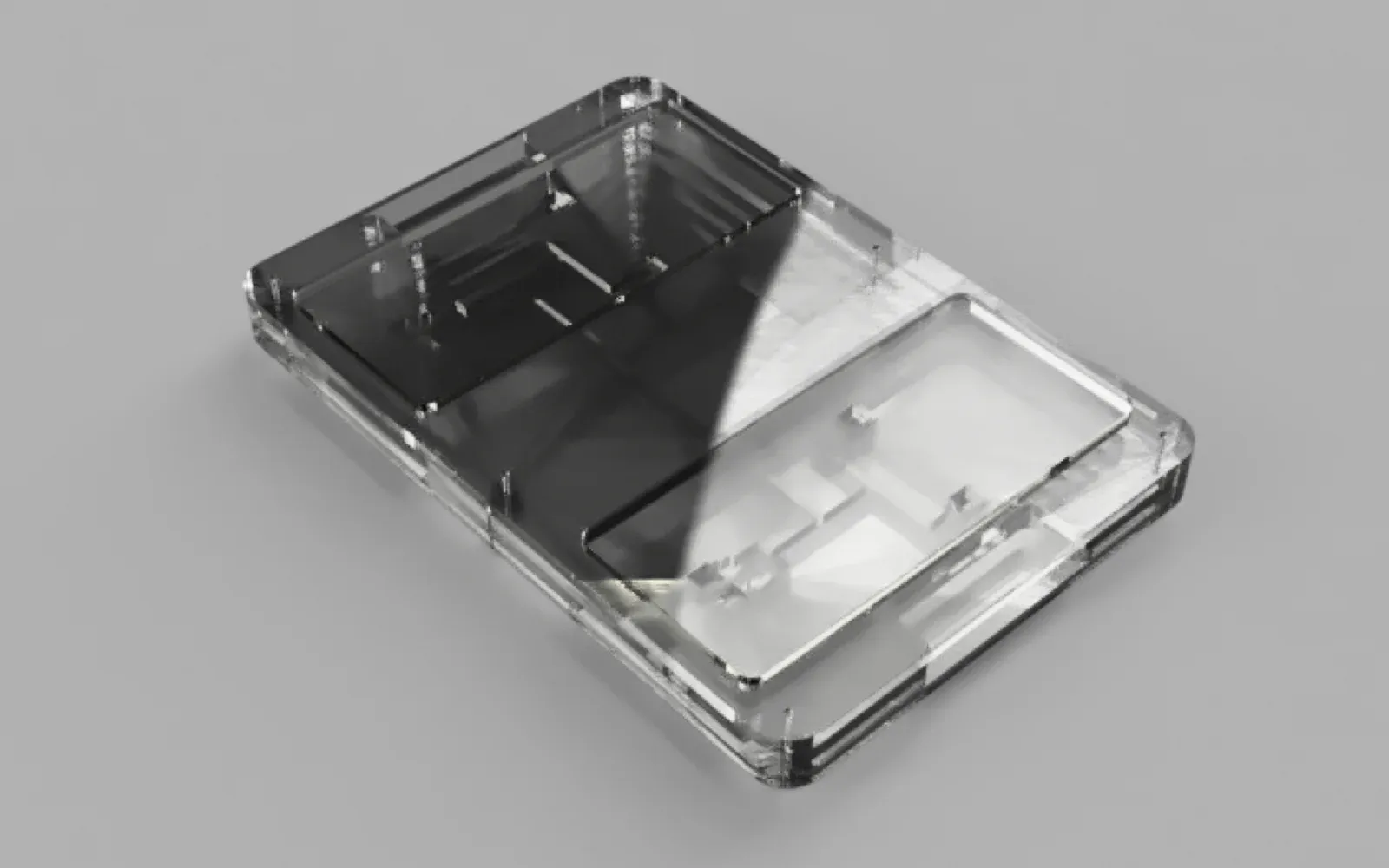 A Fusion 360 render of the layered acrylic Balance Board with two foot platforms and a central electronics enclosure.